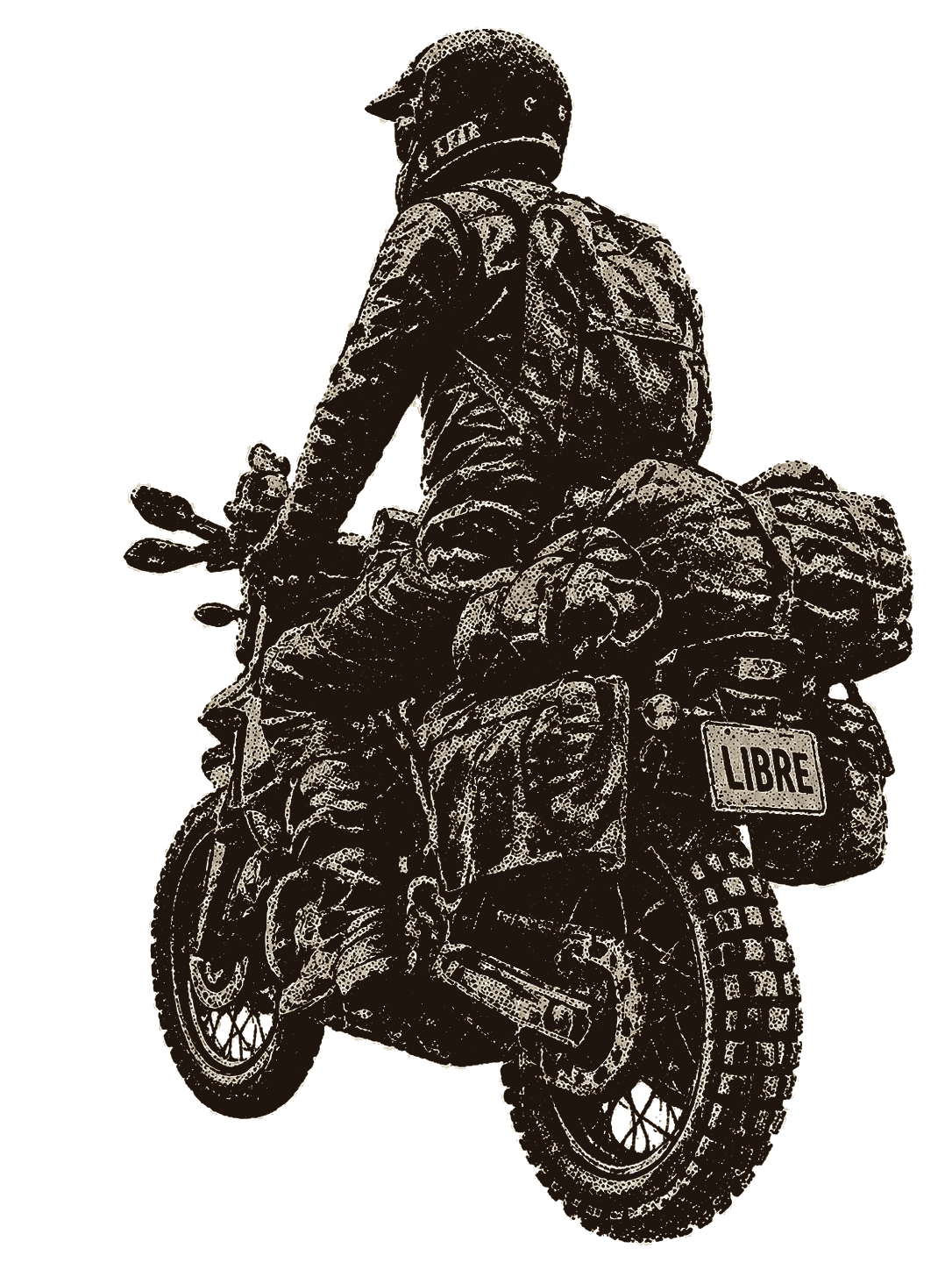 Motorcyclist on a loaded adventure bike, seen from behind