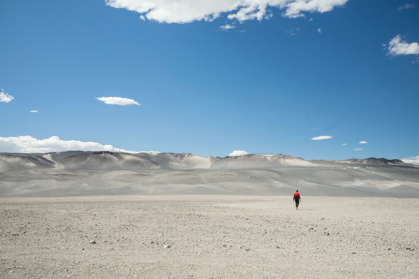 High-altitude field in Catamarca with a person walking toward the mountain.