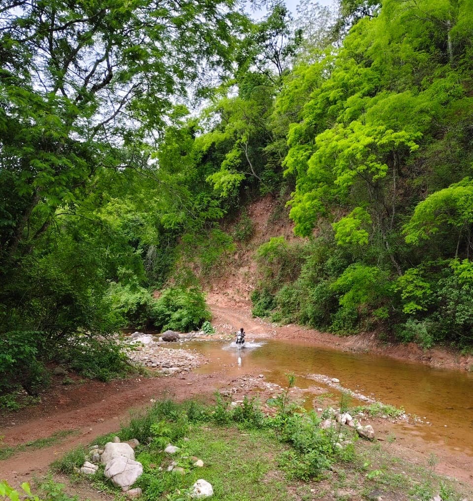 Piloto cruzando água entre vegetação fechada durante a montagem de Sobre las Nubes.